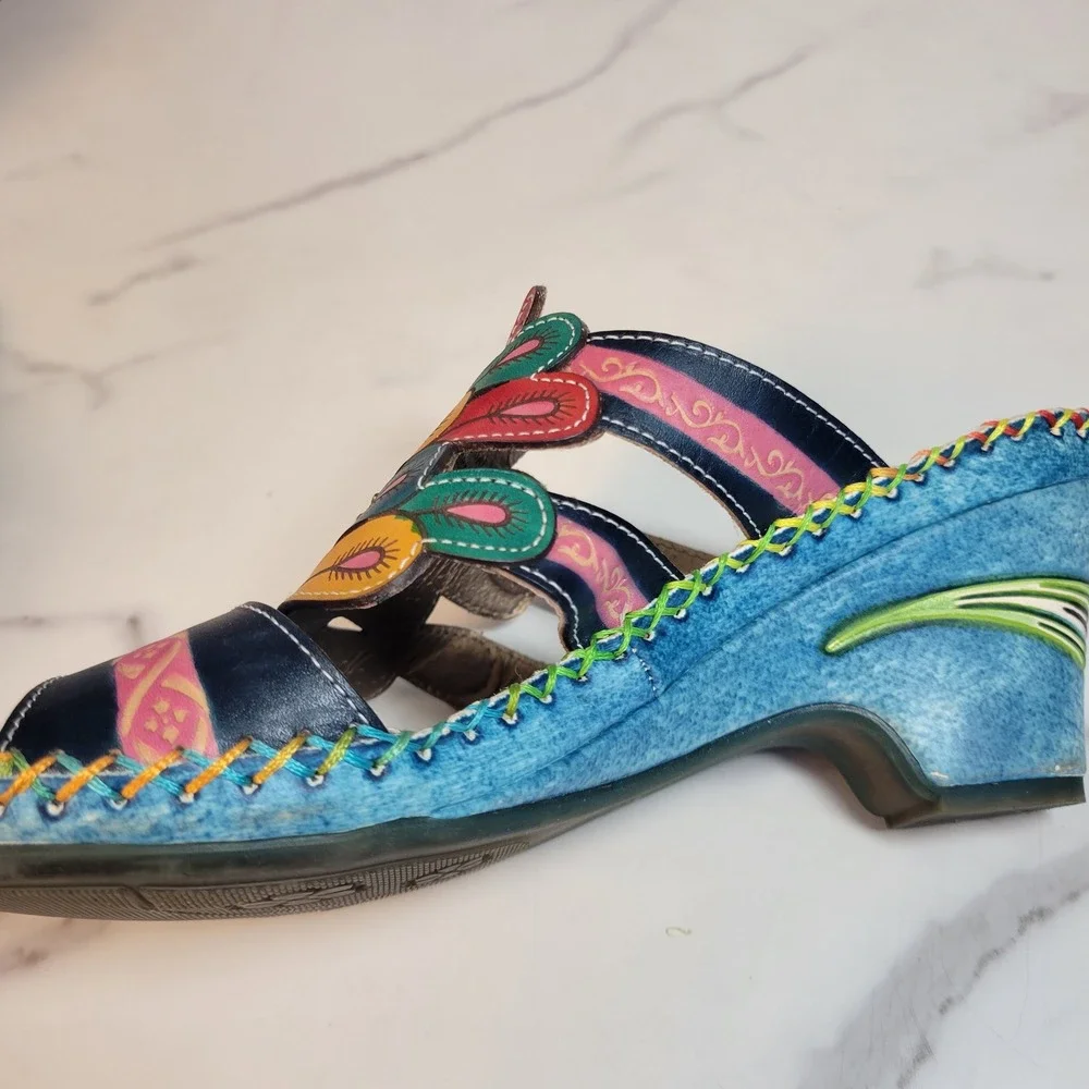 Elite by Corkys Bonsai Blue Leather Peacock Hand Painted Wedge Sandals Womens 6